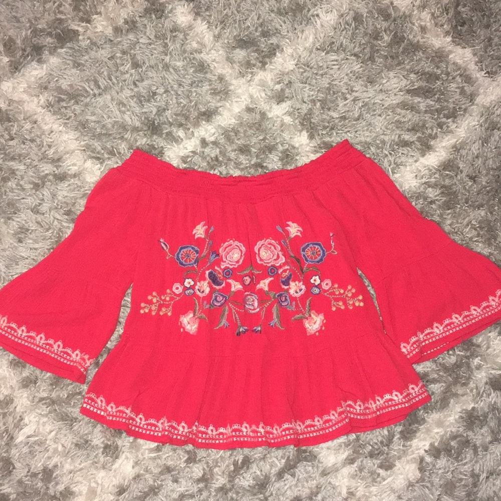 Off the shoulder bright red top